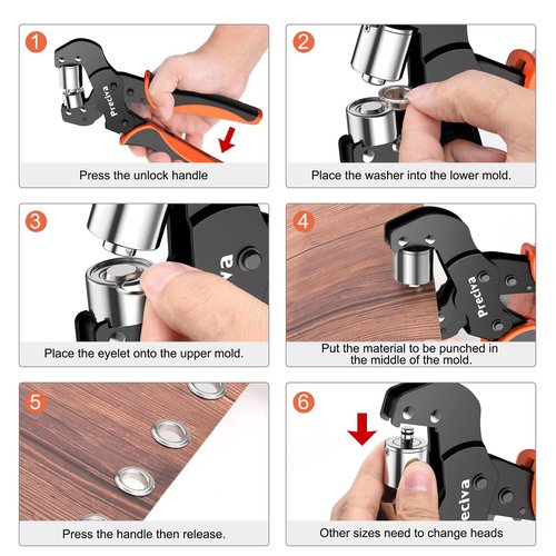 Grommet Tool Kit of 3/8" and 1/4", Preciva 𝐈𝐧𝐭𝐞𝐫𝐜𝐡𝐚𝐧𝐠𝐞𝐚𝐛𝐥𝐞 𝐃𝐨𝐮𝐛𝐥𝐞 𝐇𝐞𝐚𝐝 Handheld Grommet kit with 400pcs Silver Grommets for Advertising Poster, Banner, Ponchos, Cardboard