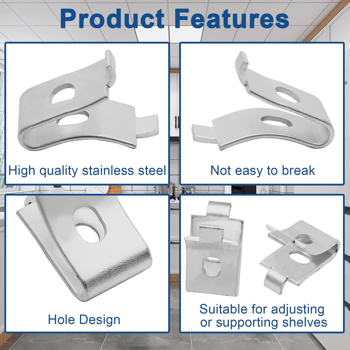 Kyuionty 24 Pack Pilaster Shelf Support Clip, Adjustable Stainless Steel Shelving Brackets Clips for Kitchen Cabinet Bookcase