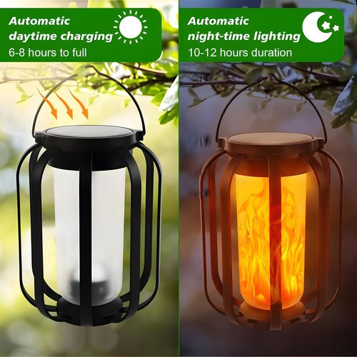 Solar Flame Camping Lantern, Solar Lantern Outdoor Lights with Base, Automatic Light Sensor, USB-C Charging, Waterproof Hanging Lanterns for Garden Yard Patio Backyard Porch Decor (2 PCS)