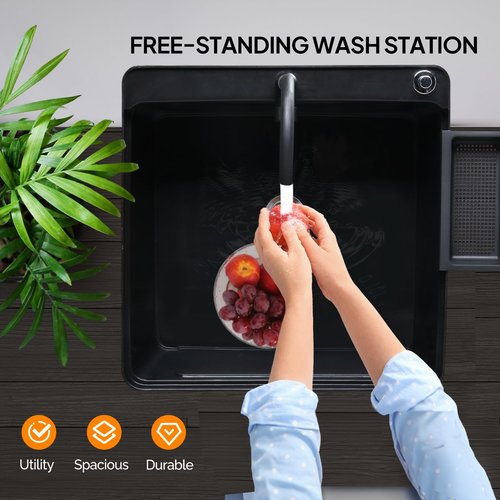 ROVSUN 21-Gallon Plastic Utility Sink, Freestanding Sink with Hot&Cold Faucet, Soap Dispenser, Drain Plug and Iron Legs, Perfect for Laundry Room, Garage, Black 19.7L"×18.9W"×33.1H"