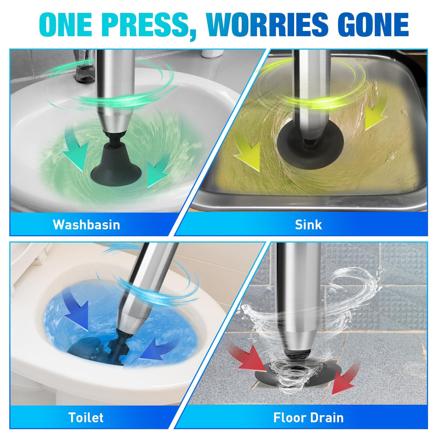 High Pressure Toilet Plunger, Air Drain Blaster Gun with Visual Barometer and Stainless Steel Plungers, Powerful Drain Clog Remover Tool for Sink, Toilet, Floor Drain - Heavy Duty Toilet Plungers