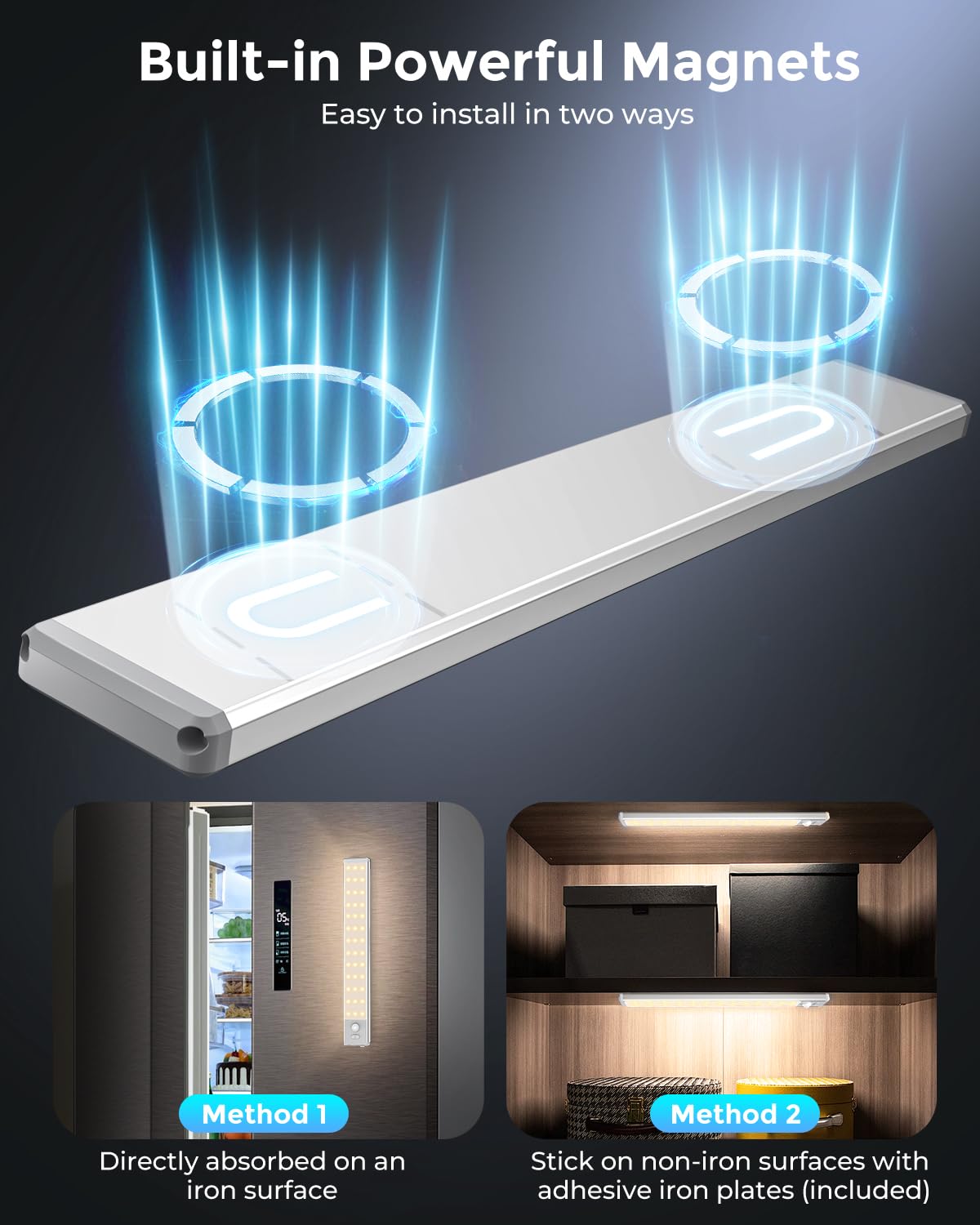 Under Cabinet Lighting - 10.5" Motion Sensor Light Indoor, Magnetic Wireless Closet Lights, Dimmable Led Night Light, Rechargeable Under Counter Lights for Kitchen, Bedroom, Stair, 2 Pack