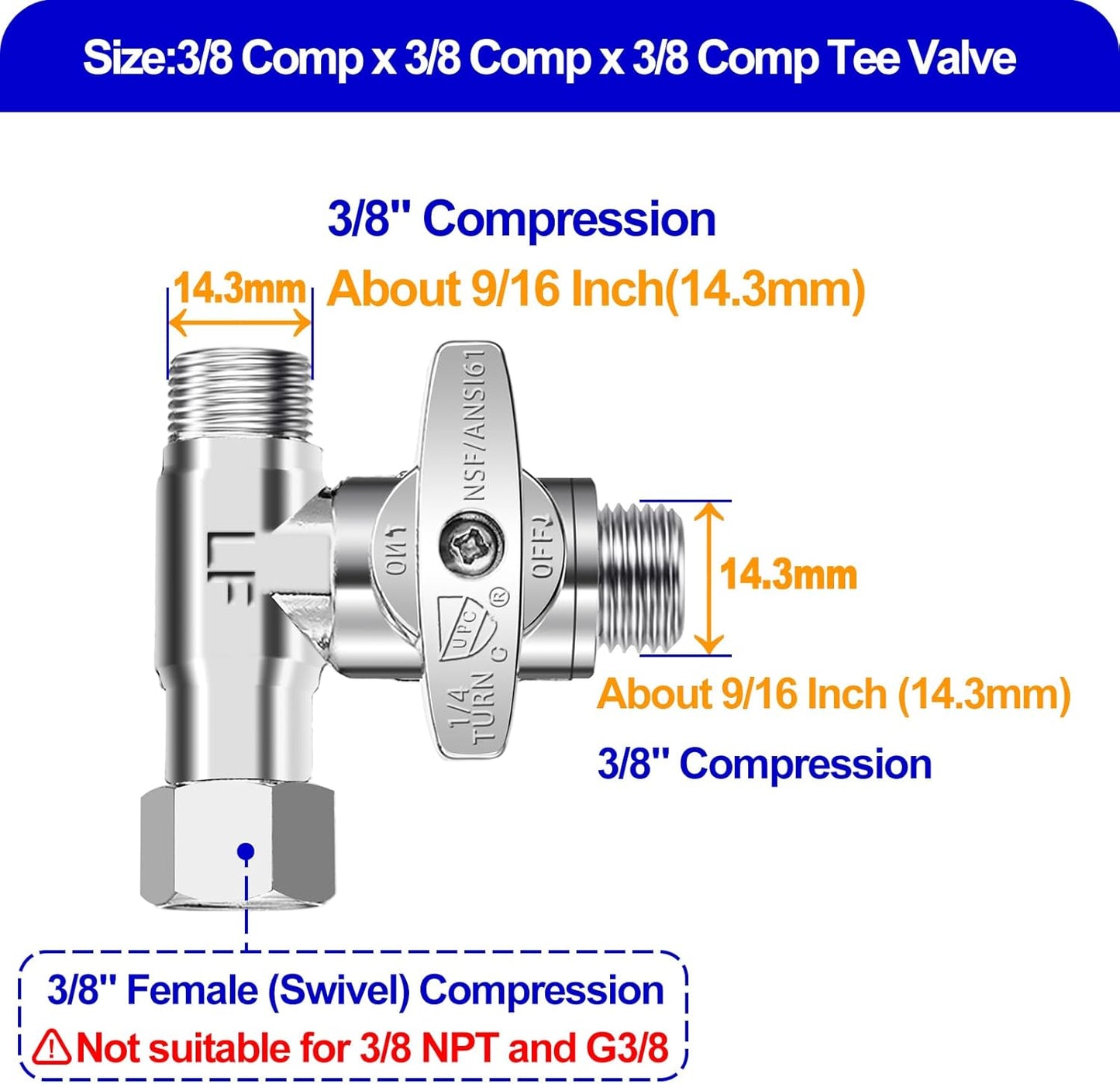 Tee Stop Valve - Lead-Free Add-A-Tee Valve 3/8 Inch x 3/8 Inch x 3/8 Inch,1/4 Turn Brass Extender Tee Connector with Built-in Sealing Gasket for Faucet,Glass Rinser,Dishwasher,Washing Machine