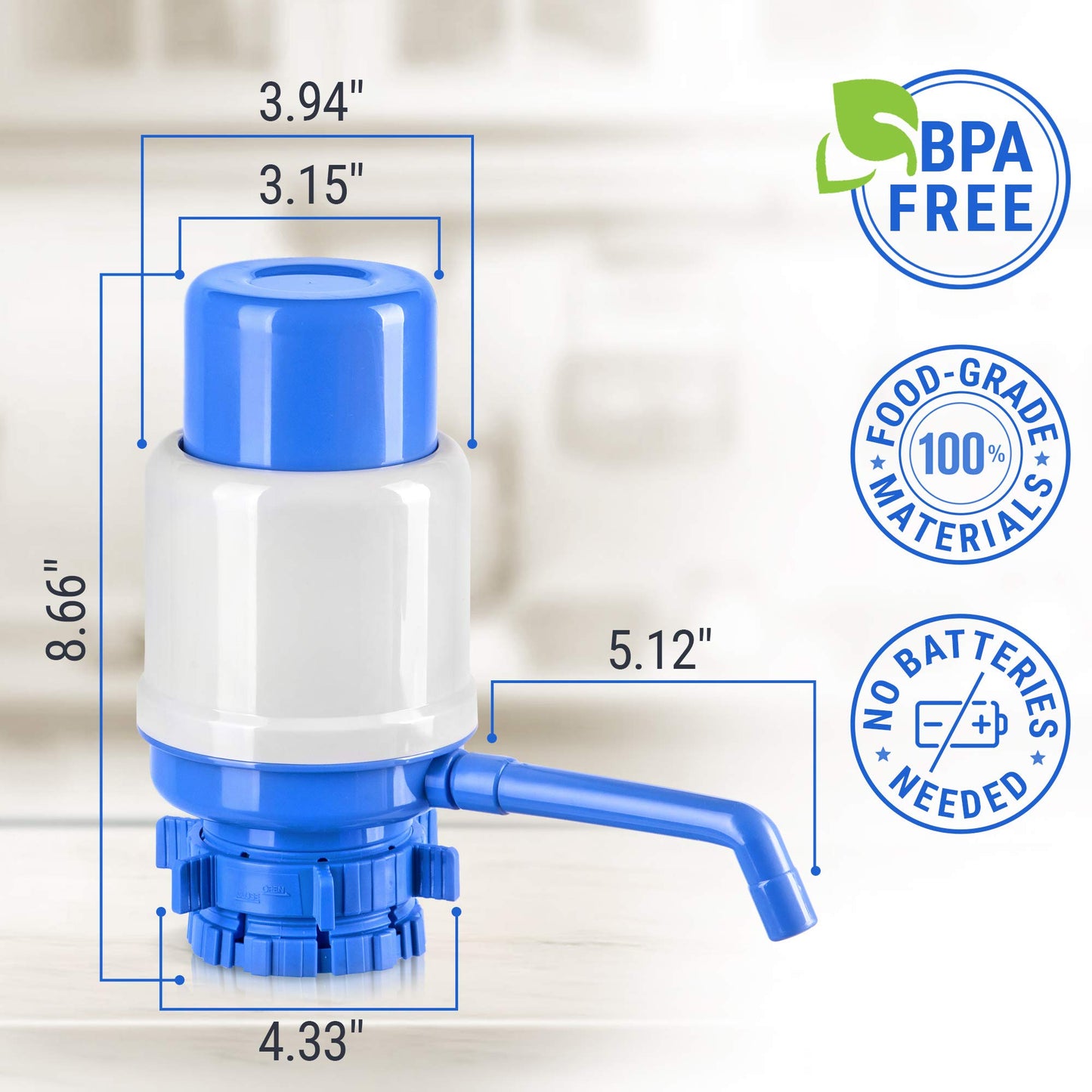 HotFrost Manual Water Pump for 5 Gallon Jug & Bottle – Non-Electric 5 Gallon Water Dispenser, Universal Hand Pump with 3 Adjustable Tubes, 53mm Screw Top Adapter, Spout Cap & Cleaning Brush, BPA-Free