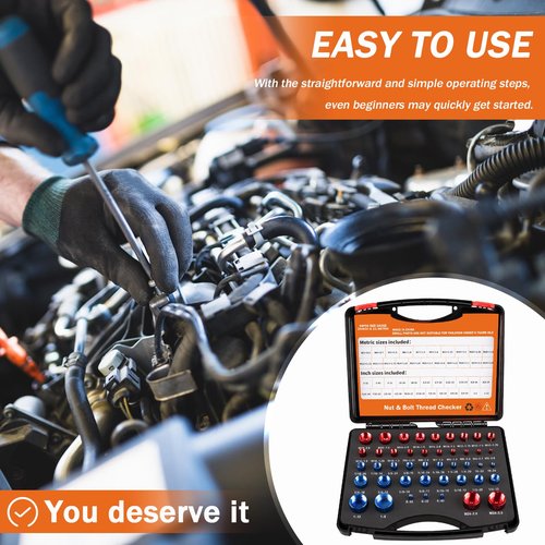 44PCS Nut and Bolt Thread Checker Comprehensive Bolt Size and Thread Gauge Tool, Bolt Thread Identifier, Inch & Metric Sizes, with Handy Tool Box, Excellent for Home Garages and Car Repairs