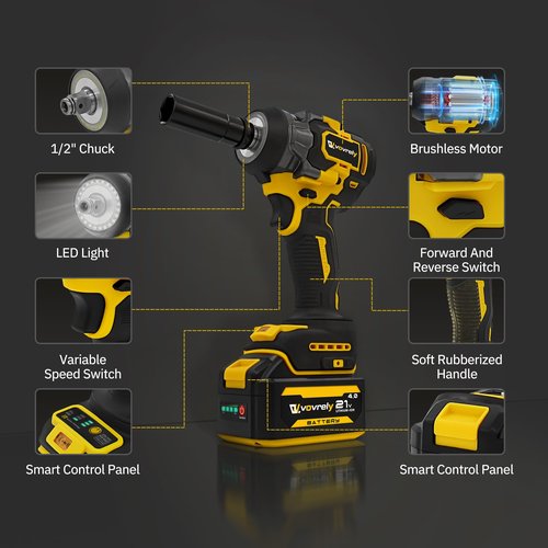 Cordless Impact Wrench 480 Ft-lbs(650N.m) High Torque 1/2 Inch, 3300RPM Brushless Electric Impact Gun, 2 * 4.0Ah Battery 4 Sockets 19 Drill Bits, 3 In 1 Impact Wrench for Car Home DIY