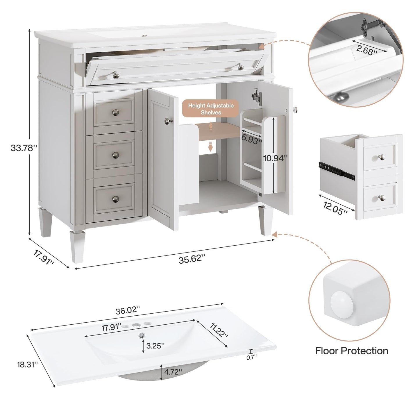 Tribesigns 36" Bathroom Vanity with Sink, Modern Bathroom Sink Cabinet with 4 Drawers & 2 Doors, Bath Storage Vanity Sink with Metal Handles, Solid Wood Frame, Paint Surface White