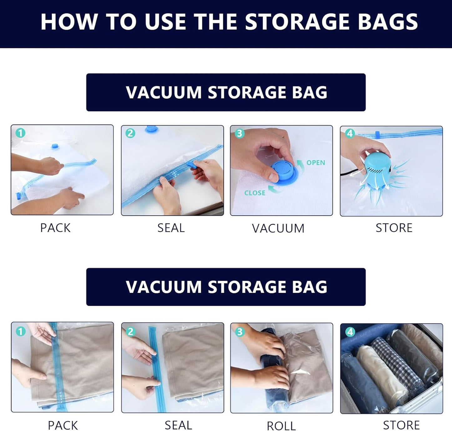 Vacuum Seal Bags for Clothing with Electric Pump, 15 Pack (3 Jumbo 3 Large 3 Medium 3 Small 3 Roll Up) Space Bags Vacuum Storage Bag for Travel, Luggage, Blankets, Bedding