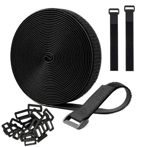 Sunroda Adjustable Cable Straps with 24 Buckles 1" x 16Ft, Free Cut Length, Reusable Fastening Cable Ties, Hook and Loop Securing Strap for Cable Tidy, Wire Management, Cord Organiser, Black