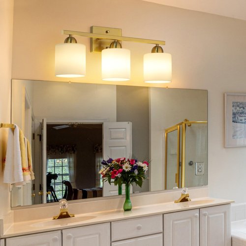 Mecgirn Stainless Steel Milk Glass Bathroom Vanity Light Over Mirror, 3 Light Brushed Gold Bathroom Light Fixtures with Frosted Glass, Modern Vanity Lighting Wall Mount