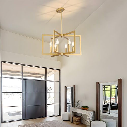6-Light Gold Chandelier for Dining Room,22in Modern Farmhouse Pendant Light,Geometric Industrial Metal Hanging Light Fixture for Kitchen Island Entryway Foyer Living Room Bedroom