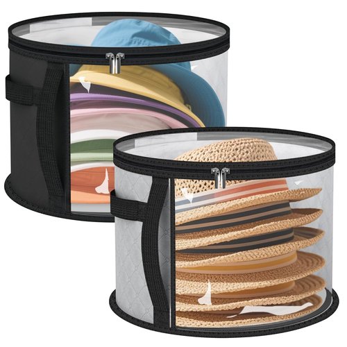 lahnao 2PCS Oversized Clear Hat Storage Bag for Women 16.5 x 10.4Inch, Round Foldable Cowboy Hat Box with Carrying Handles, Hats Box for Travel Holds up to 7 Caps (Black, Grey)