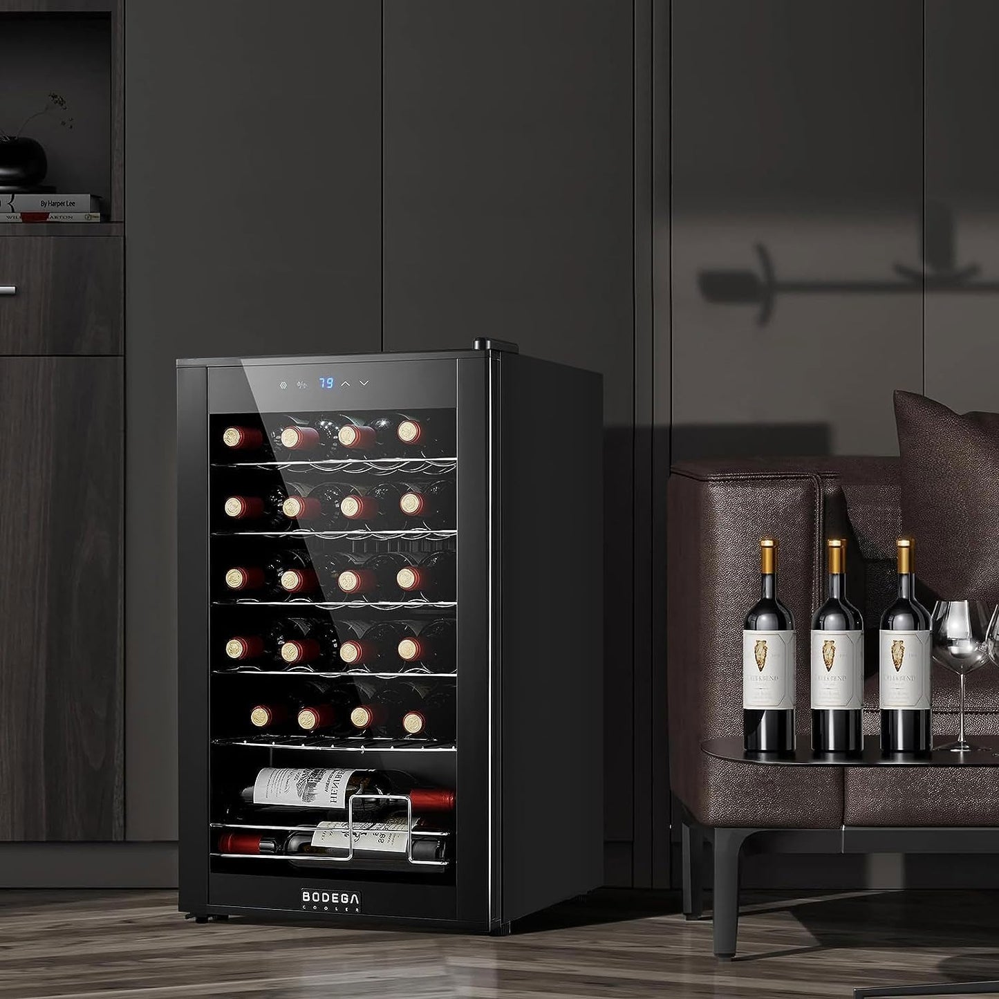 BODEGACOOLER 24 Bottle Mini Fridge for Bedroom, Compressor Wine Cooler Refrigerator for Home and Kitchen, Wine Cooler with Digital Temperature Control & Double-layer Glass Door for Wine, Champagne.