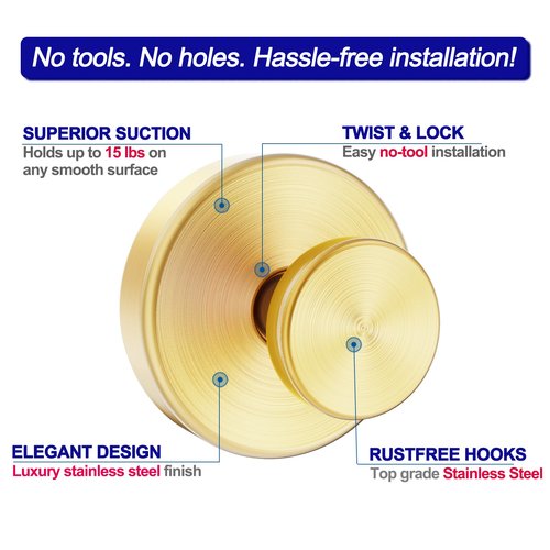 Suction Cup Hooks for Shower, Removable Towel Hooks for Bathroom Window Glass Door Wall, Bath Robe Looafh Hook for Hanging - 2 Pack, Gold
