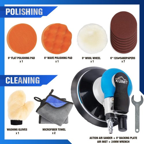 KUIMIT 6" Air Sander Kit - Garage-Ready Dual Action Tool, Car Detailing & Woodworking Hero | Palm-Sized Power w/Free Tool Kits