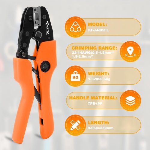 KF CPTEC Professional Crimper for 90° Flag Terminals, 22–14 AWG – Precision Ratchet Tool for Electrical Connections