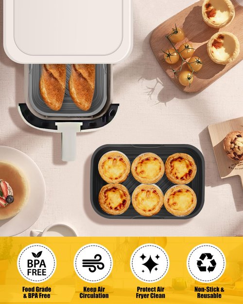 Collapsible Air Fryer Silicone Liners 2-Pack for Bella 4Qt Slim Air Fryer(3.3lb Capacity), Reusable Airfryer Silicone Pot Rectangle, Non-stick Baking Basket Insert for Air Frier Accessories,Gray+Black