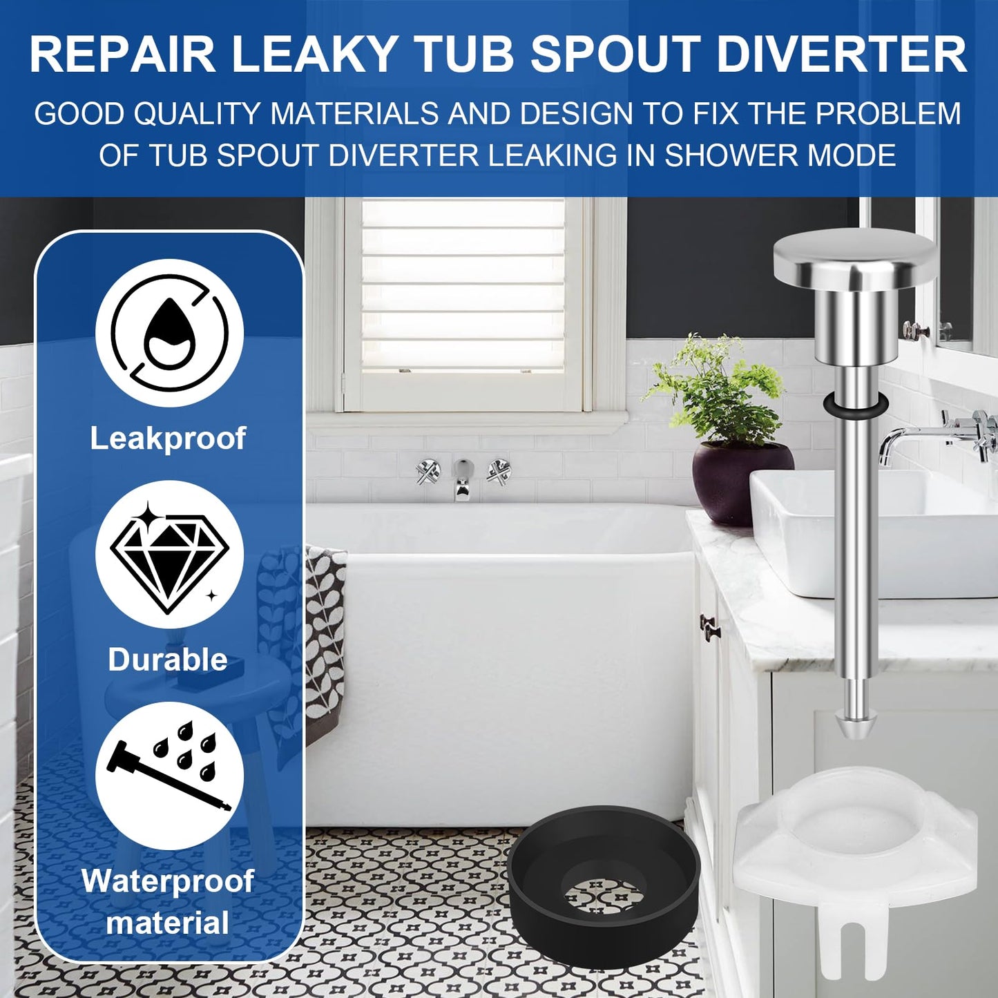LEETAT 2 Set Universal Tub Spout Diverter Repair Kit, Bathroom Shower Bathtub Leaky Faucet Repair Replacement Parts, Includes 2*Diverter Valve Stems, 2*Gates and 2*Cup Seals (Chrome)