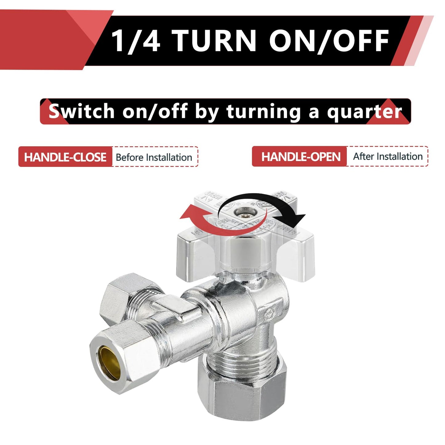 (Pack of 2) EFIELD 1/4 Turn Dual Compression Outlet Angle Stop Valve,1/2" NOM (5/8" OD) x (3/8 inch x 3/8 inch), Chrome Plated Brass Made,(VALVE206)