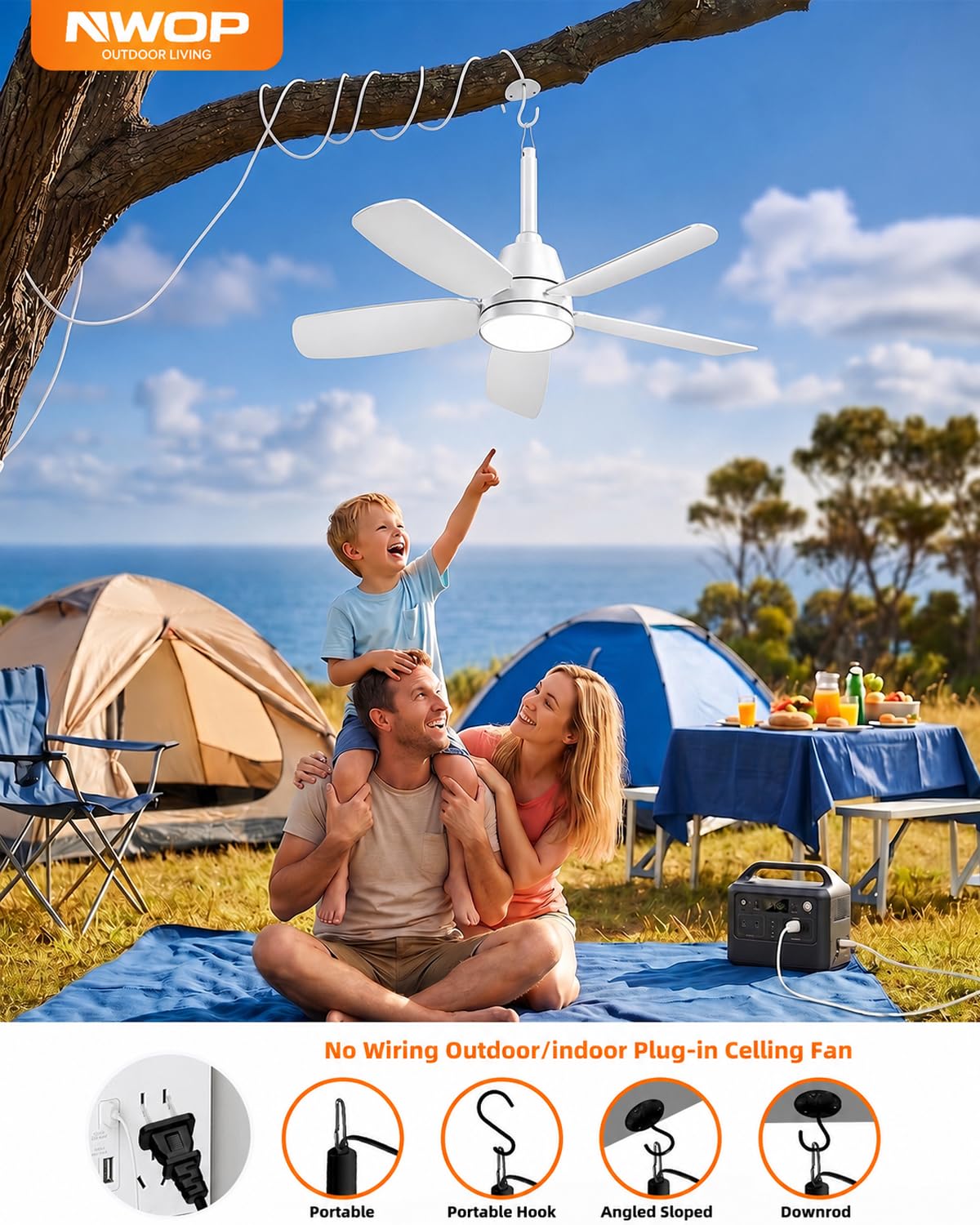 NWOP 28 Inch Plug-In Outdoor Ceiling Fan with Light and Remote, Waterproof Small Ceiling Fan for Patio Porch Balcony, 5 Blades Quiet Compact Ceiling Fan for Small Spaces, White