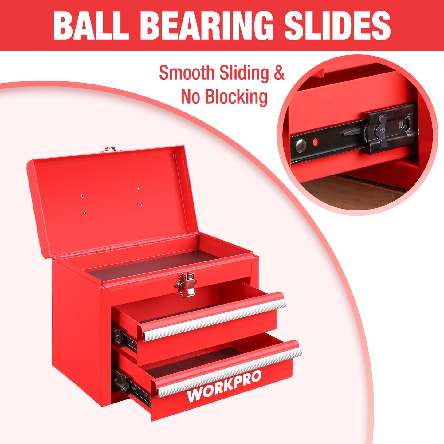WORKPRO Portable Mini Tool Box, 2 Drawers Metal Tool Chest with Ball Bearing Slides, Top Storage and Lockable Latches, Ergonomic Carrying Handle, Mechanic Toolbox with PVC Liners and PP Feet Pads