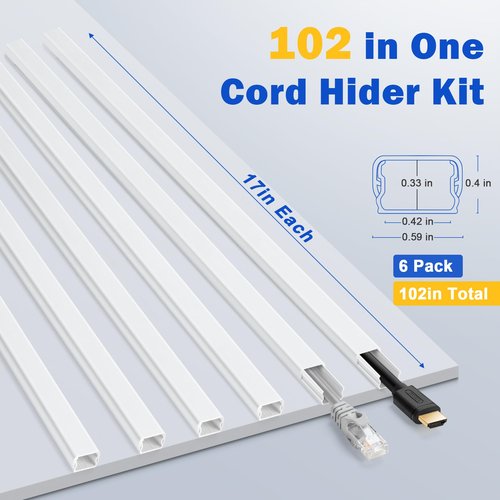 Cord Hider for One Wire, 102in Cable Hider Concealer, Paintable Wall Wire Covers, PVC Cable Management Raceway for A Thick Extension Cord, 6 x L17in W0.59 H0.4in, White