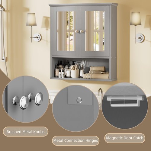 Walsunny Medicine Cabinet Mirror with Storage, Wood Bathroom Wall Cabinet with 2 Vanity Mirror Door and Adjustable Shelfs Wall Mounted for Rv Bathroom Restroom Kitchen, Gray