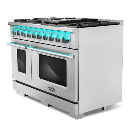 COSMO COS-DFRP488K 48 in. Lumin Collection 5.5 cu. ft. Double Oven Dual Fuel Range with 8 Burners, Cast Iron Grates in Stainless Steel