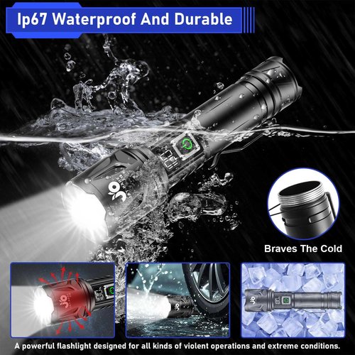 JAY-PARK High Lumen Flashlight - 10000 Lumens, Rechargeable 5000mAh with LCD Display, Zoomable Long Beam (3000m), IP67 Waterproof, 5 Modes & Belt Clip - for Camping, Dog Walking