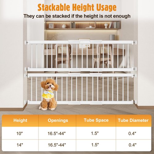 Metal Short Dog Gate - 16.5"-44" Adjustable Extra Wide, 14" Tall Pressure Mount Indoor Pet Gate, Easily Step Over Dog Gates with 3 Extension Kits, Small Puppy Gate for Doorways & Stairs