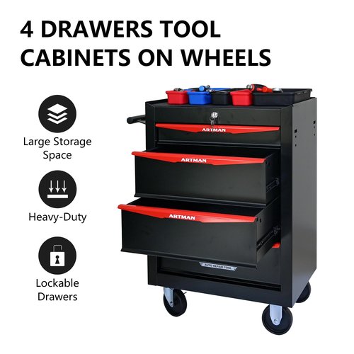 4 Drawers Tool Box With Wheels,Multifunctional Rolling Tool Box Tool Cart For Storage Garage, Workshop, Warehouse & Repair Shop (Black+Red(4 Drawer)