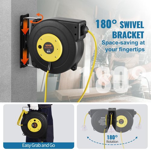 VEVOR Retractable Extension Cord Reel, 50 FT, Heavy Duty 14AWG/3C SJTOW Extension Power Cord with Lighted Triple Tap Outlet, 13A Circuit Breaker 180° Swivel Bracket for Ceiling or Wall Mount, Yellow
