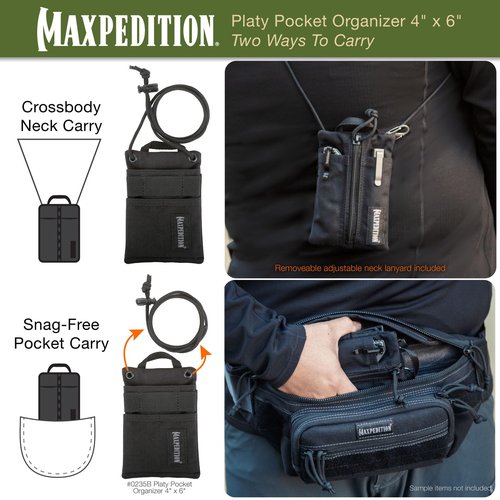 MAXPEDITION Platy Pocket Organizer 4” x 6” (Black) Durable EDC Tool Pouch for Men, Neck Wallet with Paracord Lanyard, Holds Flashlight, Multitool, Pen, Notebook, 0235B