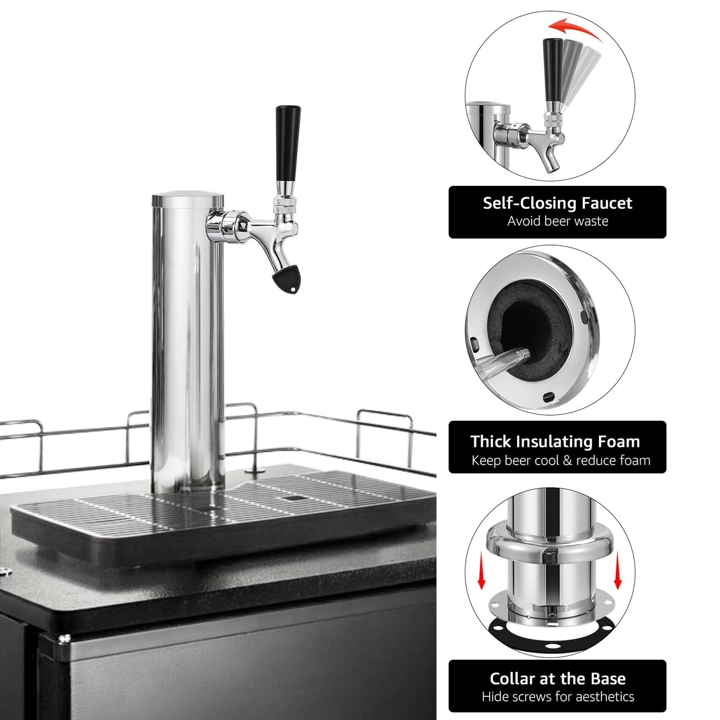 Hilangsan Single Beer Tap Tower Draft Beer Tower Kegerator Tower Stainless Steel Keg Tower Kegerator Parts Kegerator Kit Stainless Core Beer Faucet Pre-assembled Beer Line 3" Beer Tower Dispenser