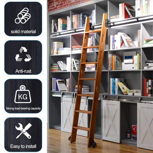 Library Sliding Ladder Hardware Kit with Floor Roller Black Metal Steel Round Tube Track 3.3ft 24ft Rolling Ladder Hardware Set for Library