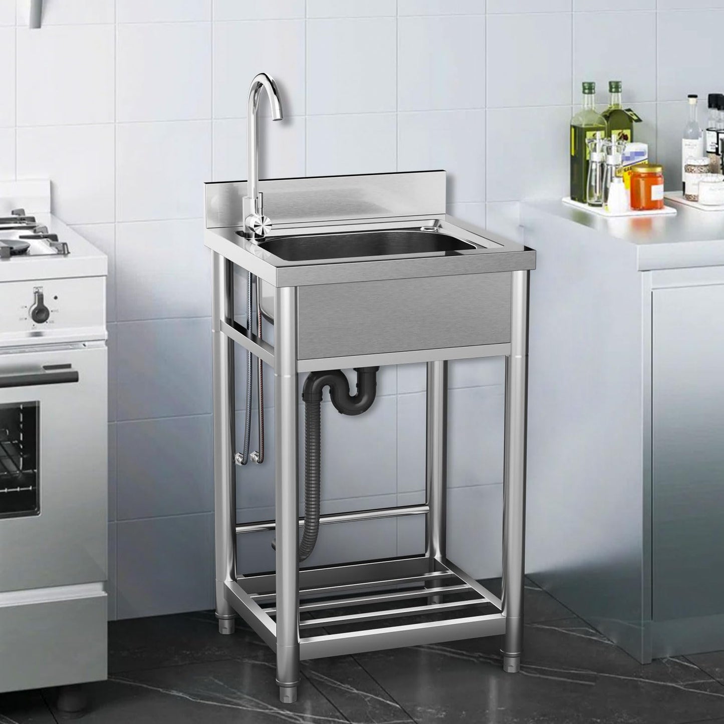 Percince Stainless Steel Utility Sink - 22in, Freestanding Single Bowl Laundry Sink with Cabinet and Cold/Hot Water Pipe, Utility Sink for Laundry Room, Garage Indoor and Outdoor (22inch)