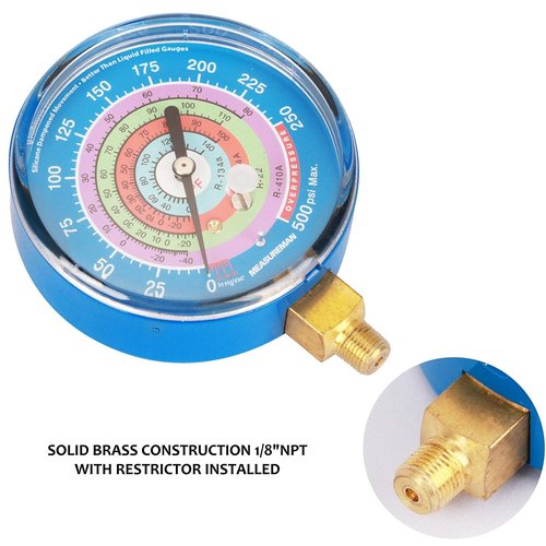 Measureman Refrigeration Pressure Gauge Kit, 3-1/8" Dial, Blue Dial & Red Dial, 1/8" NPT Lower Mount, 30inHg-0-250psi, 250-500psi & 0-800psi