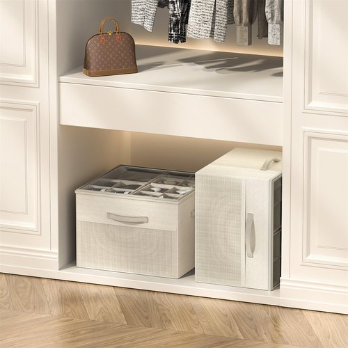 Aokeyee Shoe Organizer for Closet, 2 Pack Foldable Shoe Storage Organizer Box Bin with Adjustable Dividers and Clear Cover, Fits up to 16-32 Pairs (Beige)