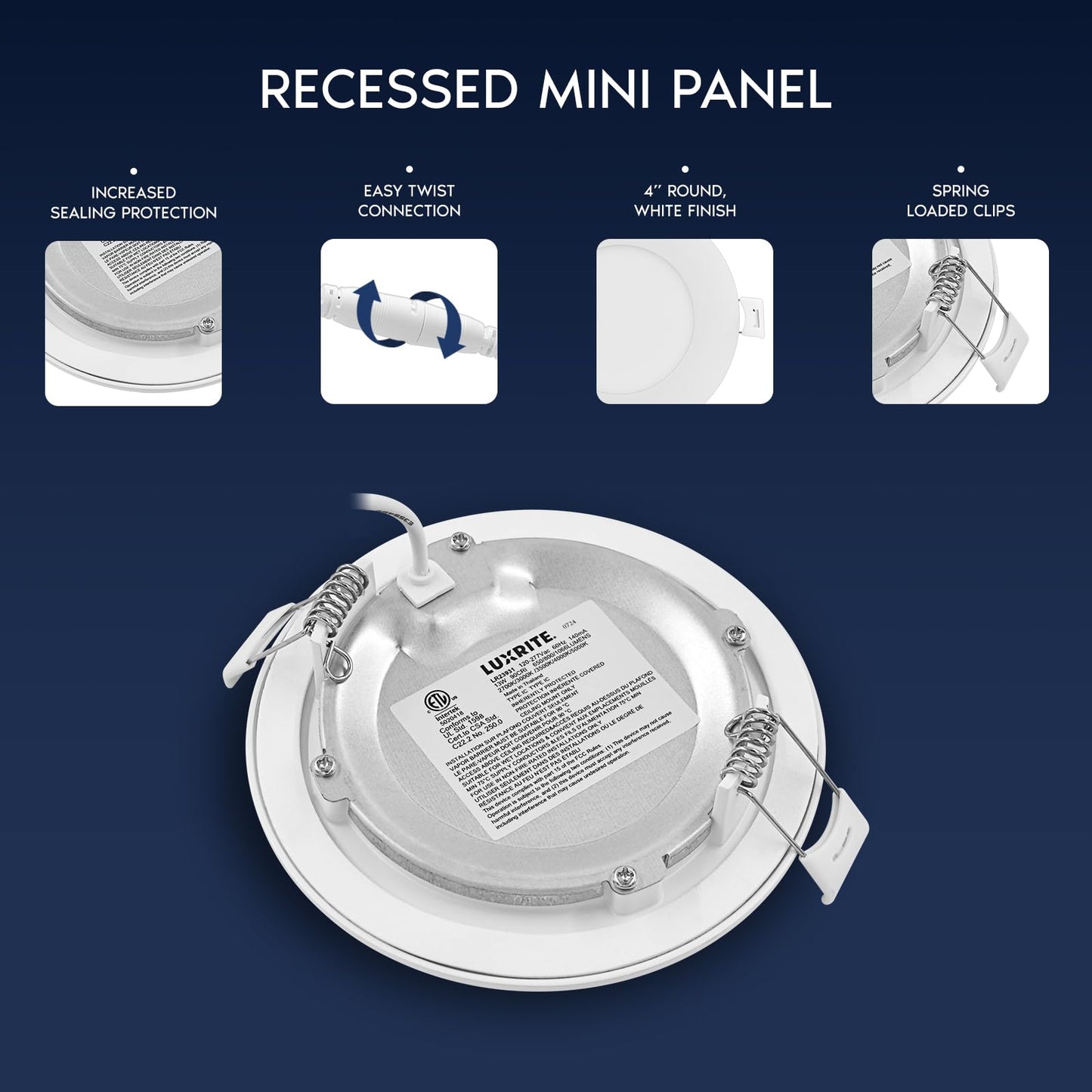 LUXRITE 4 Inch Canless Spotlight, LED Recessed Lighting, 5CCT 2700K-5000K, Dual Dimmable Ceiling Light, 650/800/1066 Lumens, CRI 90, 8W/10W/13W Selectable, IC Rated, Wet Rated, ETL Listed