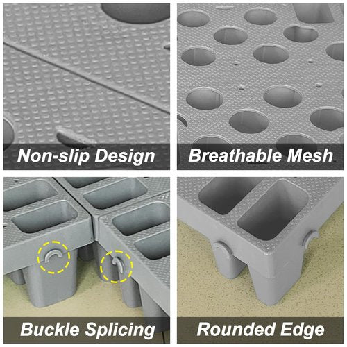 6 Pcs Grey Plastic Pallet, Lightweight Waterproof Floor Pallets, Interlocking with Breathable Grids Storage Pad, for Garages, Basement, Supermarket, Indoor and Outdoor