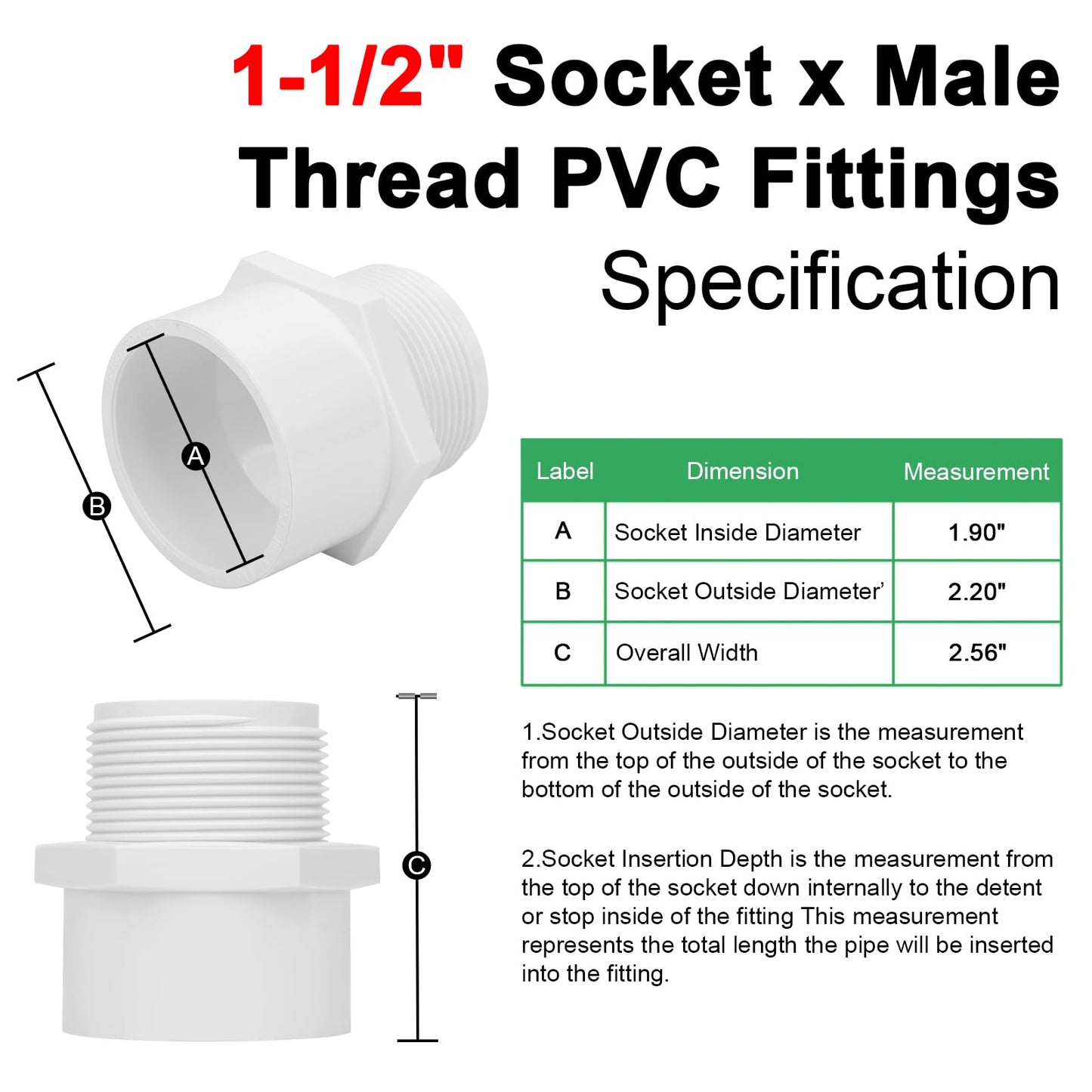 Lswteiz 6Pack 1-1/2" PVC Male Adapter Pipe Fittings (Socket x Male Pipe Thread) Furniture Grade SCH40 2-Way 1.50" PVC Coupling Pipe Connectors for Plumbing Water Line
