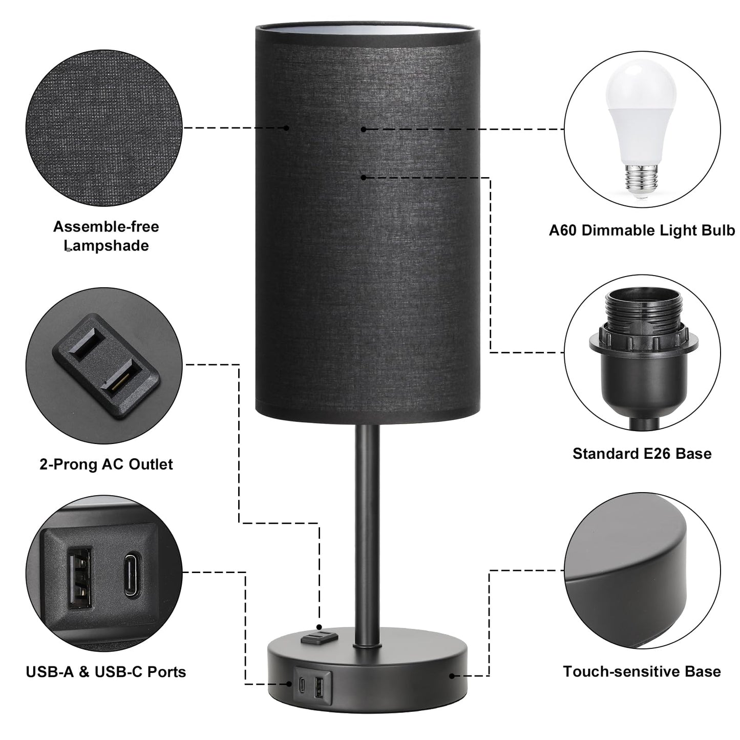 Fenmzee Touch Nightstand Lamp - Black, 3-Way Dimmable, USB A + C Charging, AC Outlet, 17.4inch Medium
