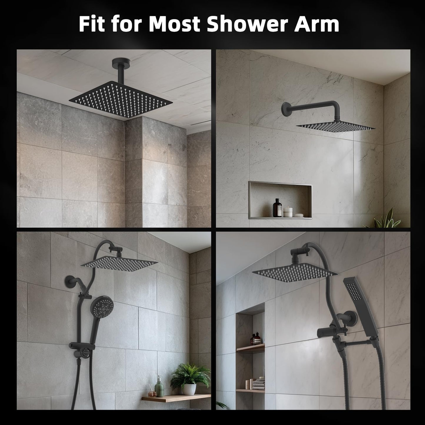 Hibbent All Metal 12 Inch Shower Head, High Pressure Stainless Steel Rain Showerheads, Bathroom Rainfall Showerhead with Ultra-thin Design, Adjustable Brass Ball Joint, Silicone Nozzles, Matte Black