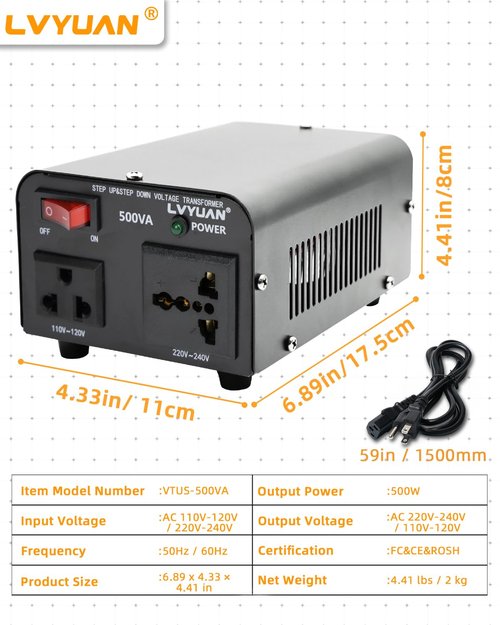 LVYUAN Voltage Transformer Converter 500 Watt Step Up/Down Convert from 110-120 Volt to 220-240 Volt and from 220-240 Volt to 110-120 Volt with US Outlet, Universal Outlet, Circuit Breaker