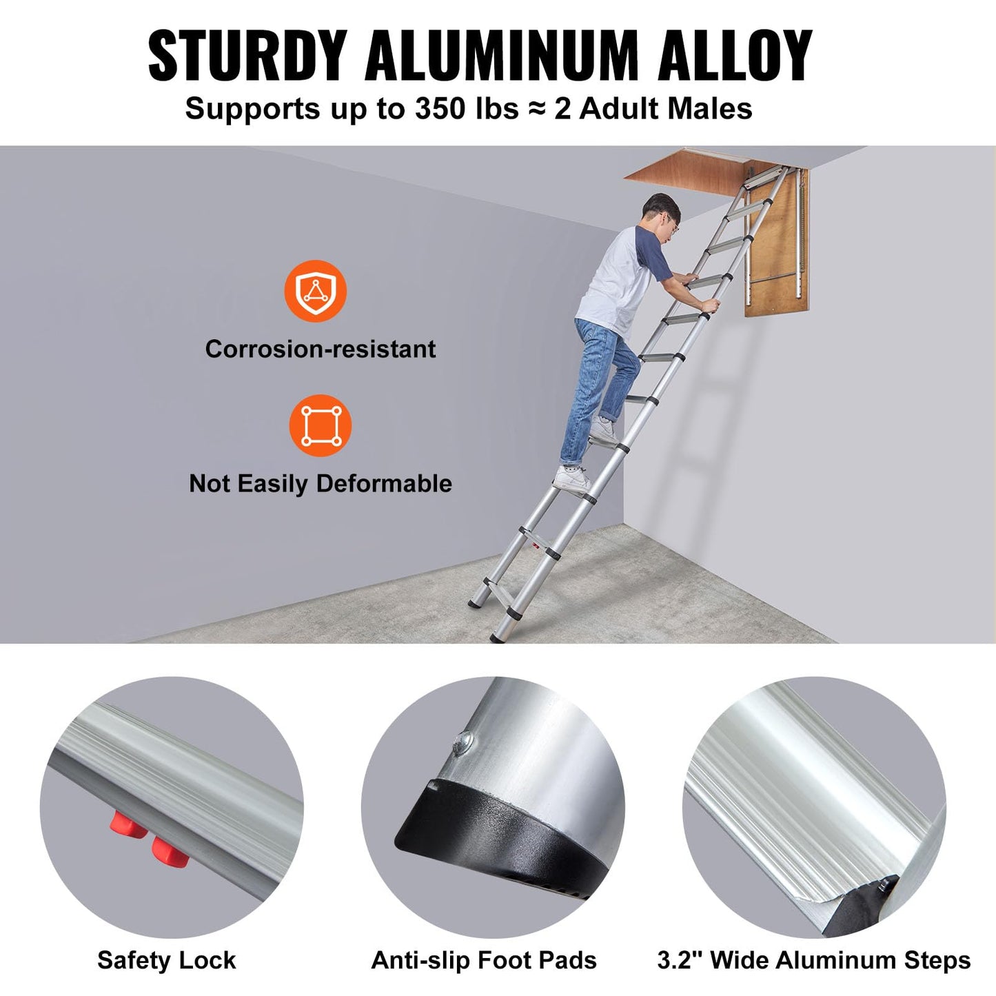 VEVOR Attic Ladder Telescoping, 39.37" x 23.6", Multi-Purpose Aluminium Extension, 350Lbs Capacity, Lightweight and Portable, Fits 10.1'-10.7' Ceiling Heights, Convenient Access to Your Attic Standard