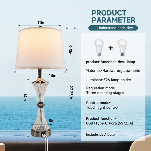 Terpsichore Touch Dimmable Table Lamps Modern Glass Table Lamp LED Lights Coastal Light USB Powered Desk Lights Bedside Crystal Lamps Nightstand Lamp Set of 2 & Outlets for Bedroom, Living Room
