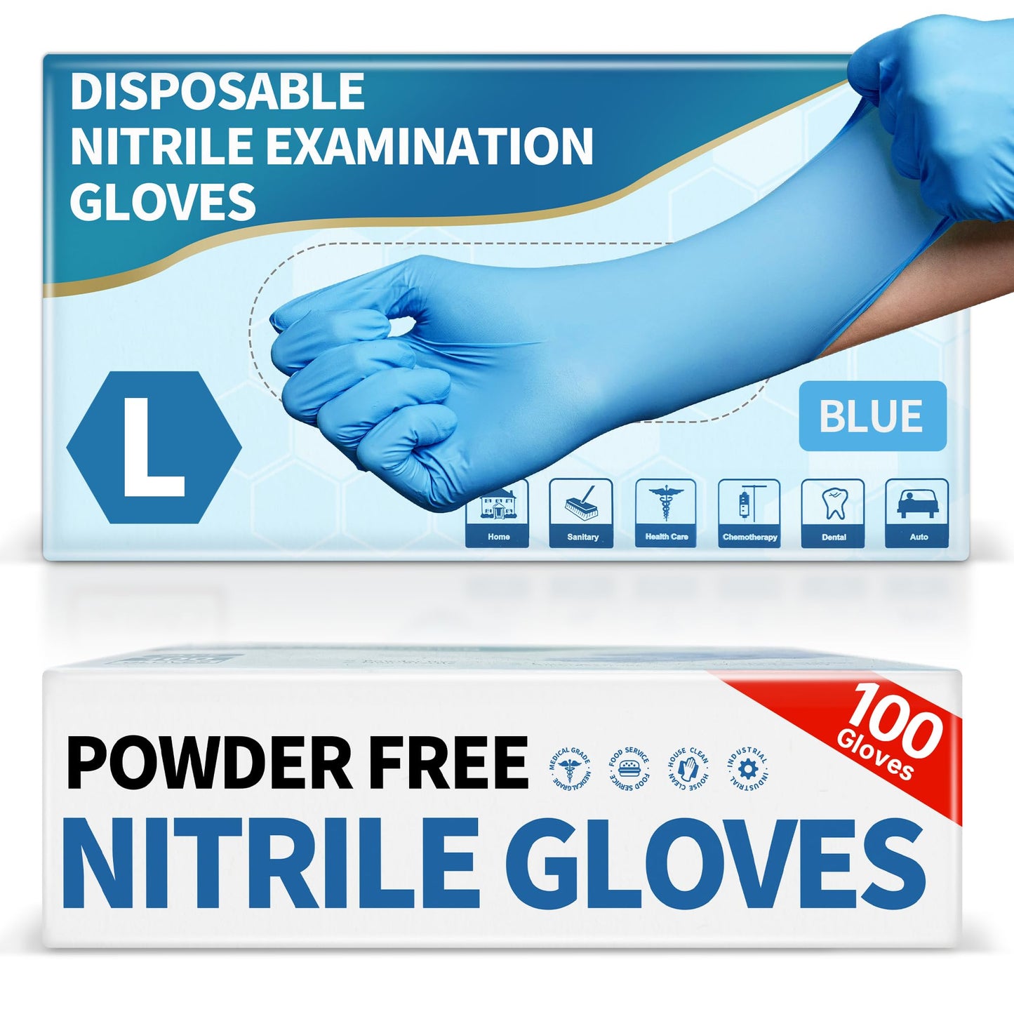 Medguy Powder-Free Nitrile Exam Gloves, 4.5 Mil, 100 Pcs Blue Disposable Latex-Free Food-Safe Medical Cleaning Cooking Gloves (Large)