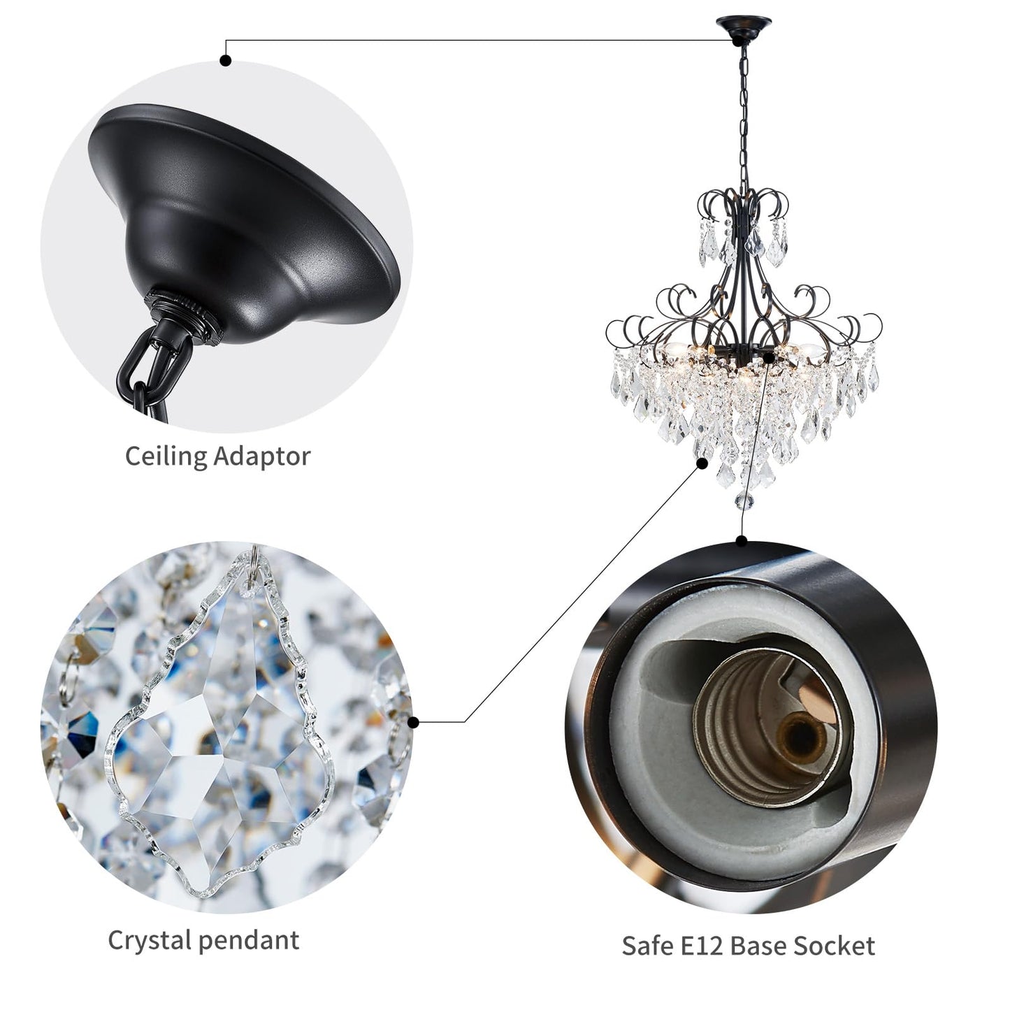 WUZUPS Crystal Chandelier 10-Light Pendant Ceiling Light Modern Lighting Fixture for Dining Room Hallway Bedroom Kitchen Bathroom, H 27.6" x W 22.8", E12 Base, Black