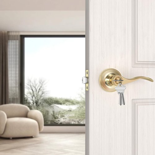 ANSIONLOK Stain Brass Keyed Entry Door Handle, Wave Style Door Lever Lock with 3 Keys & Screwdriver, Interior Exterior Entrance Reversible Door Handles, 1 Pack