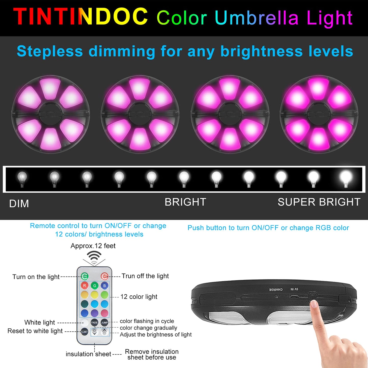 TINTINDOC Color Umbrella Light with Remote Outdoor/Patio Umbrella Light Rechargeable/AA Battery Umbrella Pole Light 300Lumen/Stepless Dimming Umbrella Light for Patio Table